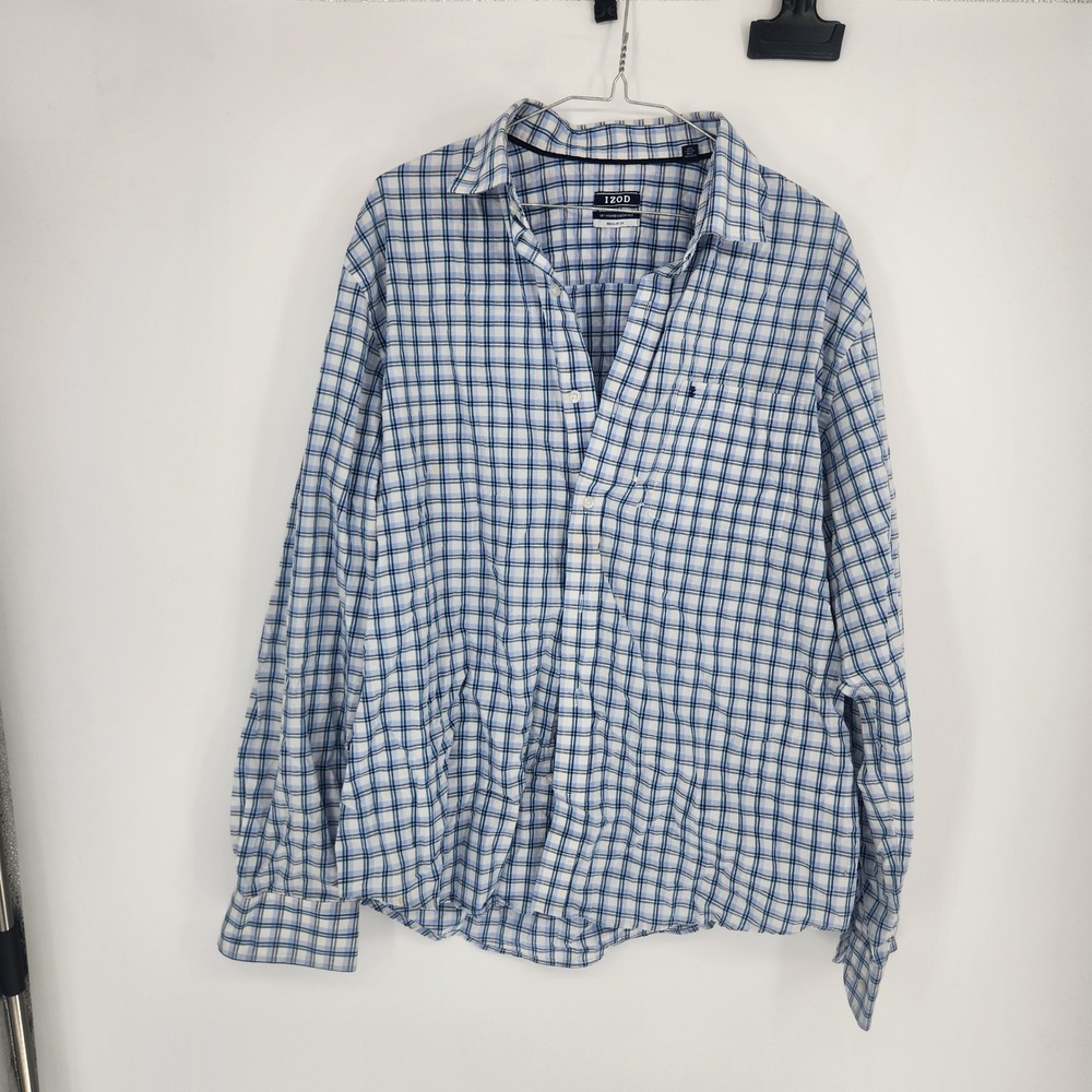 IZOD Mens Blue White Plaid Long Sleeve Button Down Shirt Regular Fit L 16-16.5